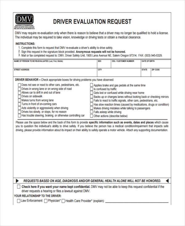 driver evaluation request form