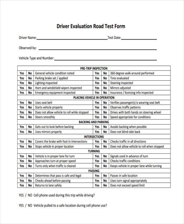driver evaluation road test form