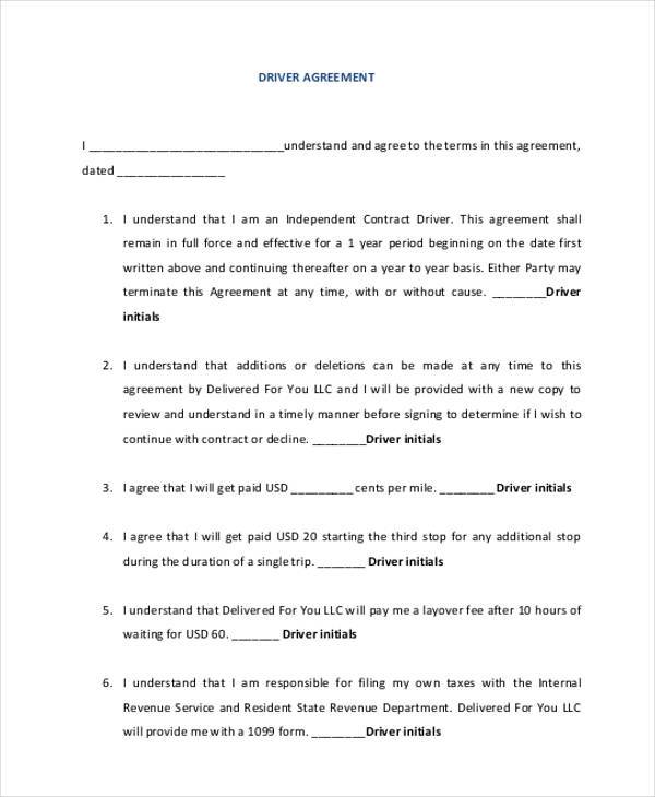 driver independent contractor agreement form example
