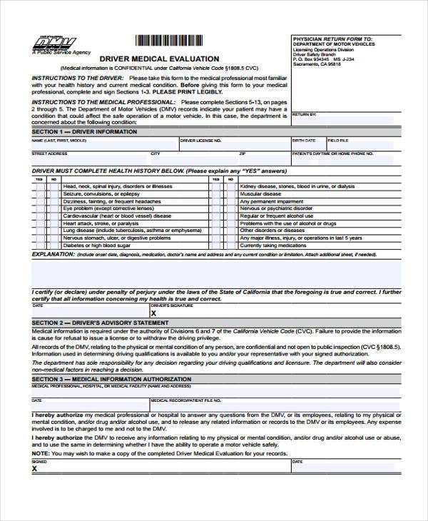 driver medical evaluation form example