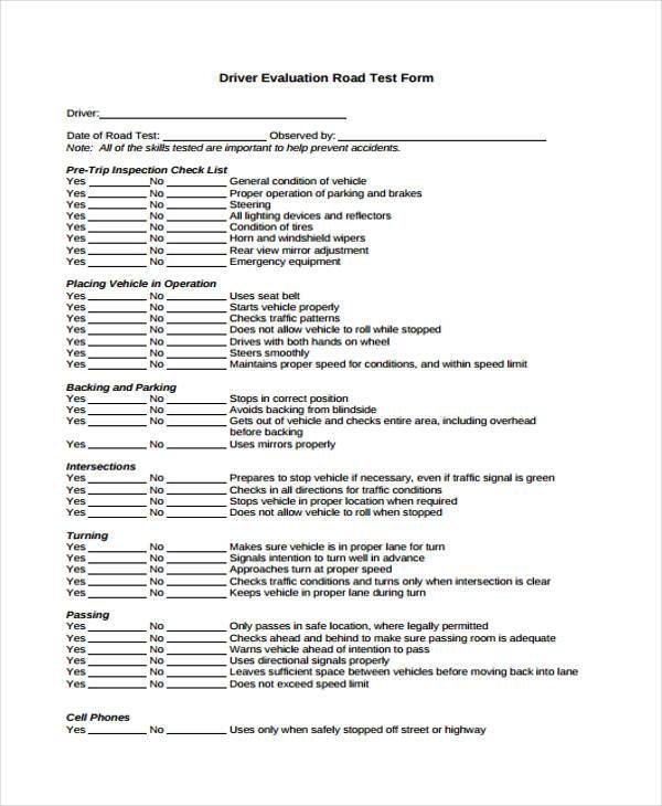 Printable Driver Performance Evaluation Form