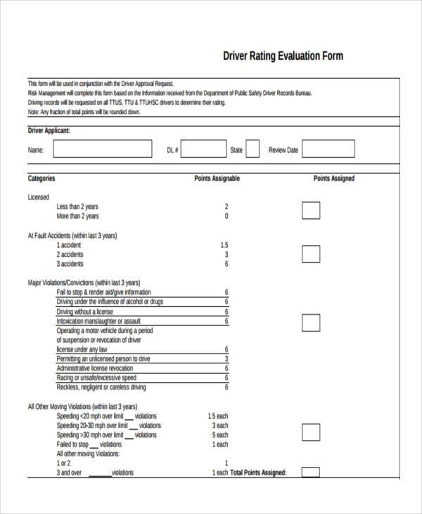 driver rating evaluation form