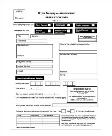 driver training assessment form