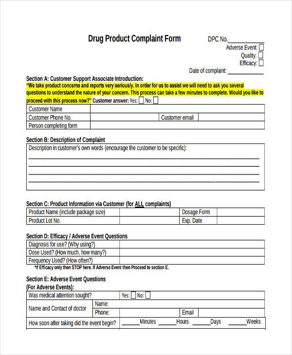 drug product complaint form sample