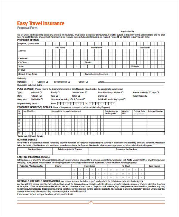 easy travel insurance proposal form