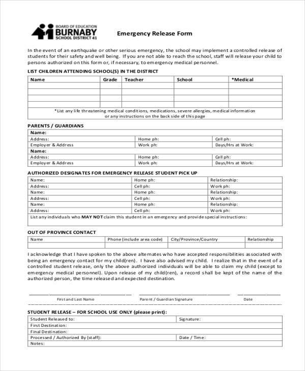 emergency release form example