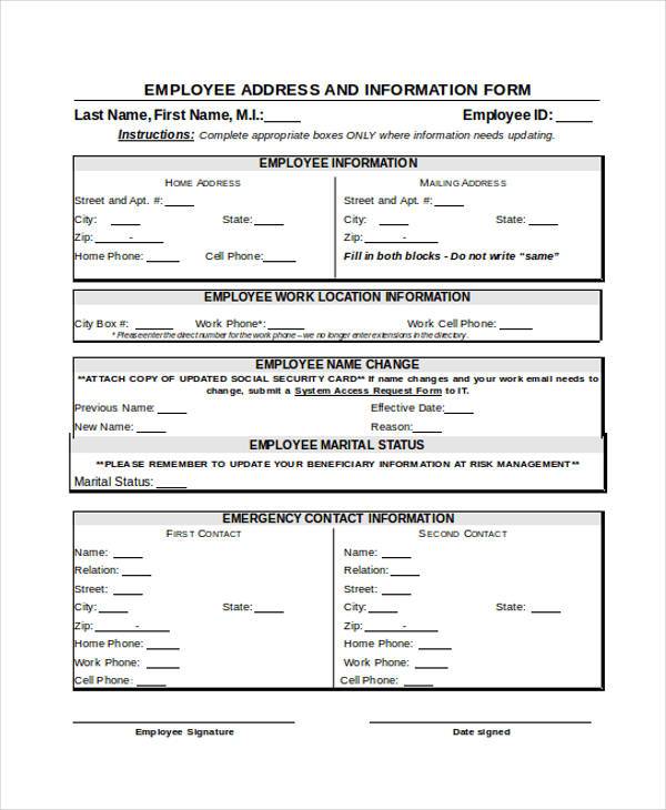 FREE 7+ Sample Employee Address Forms in PDF | MS Word