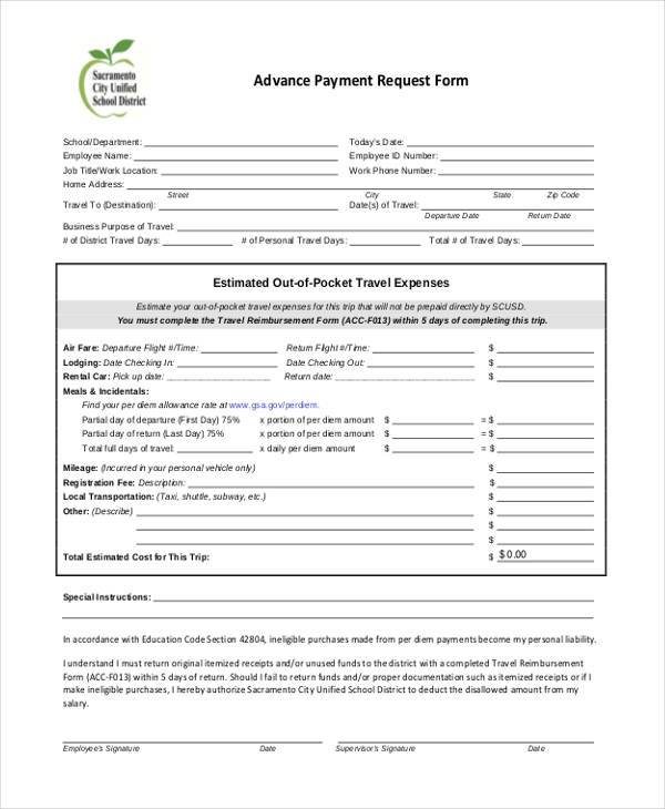 employee advance payment request form