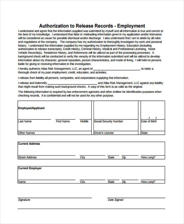 employee authorization release record form