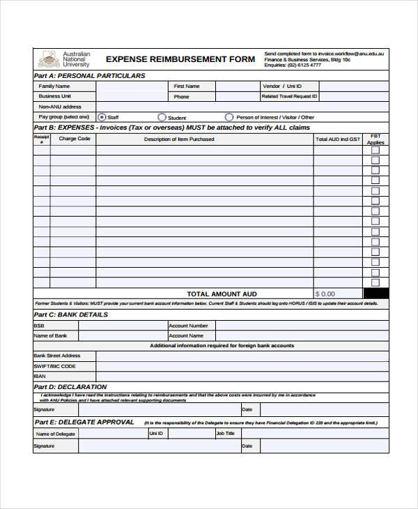employee business expense reimbursement form