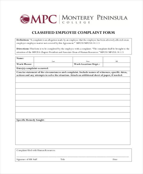 employee classification complaint form