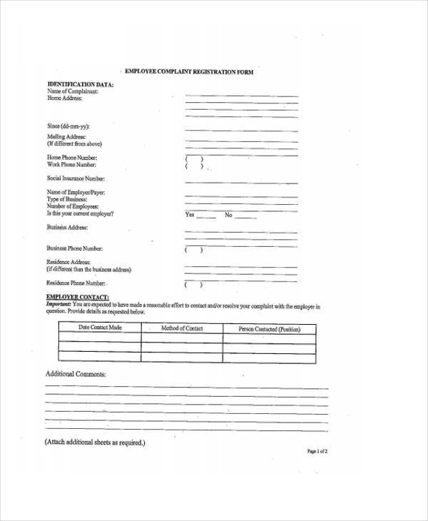 employee complaint register form