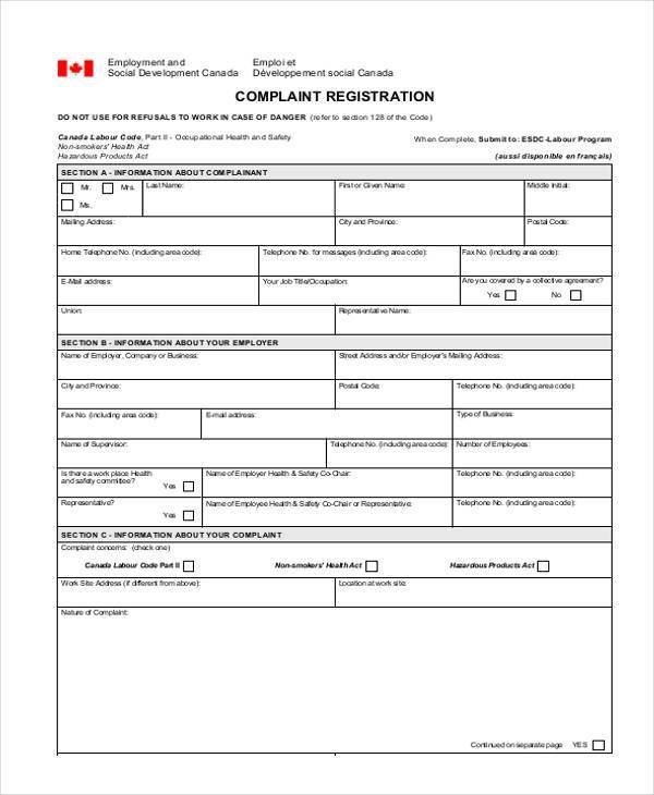 employee complaint registration form