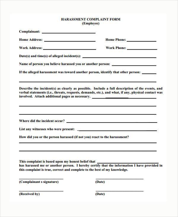 Free 7 Sample Harassment Complaint Forms In Ms Word Pdf