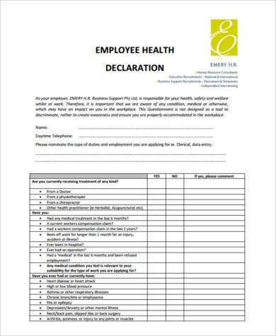 Free 9 Sample Health Declaration Forms In Ms Word Pdf Excel