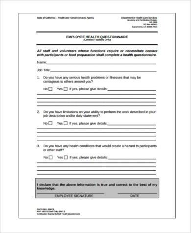 employee health questionnaire form