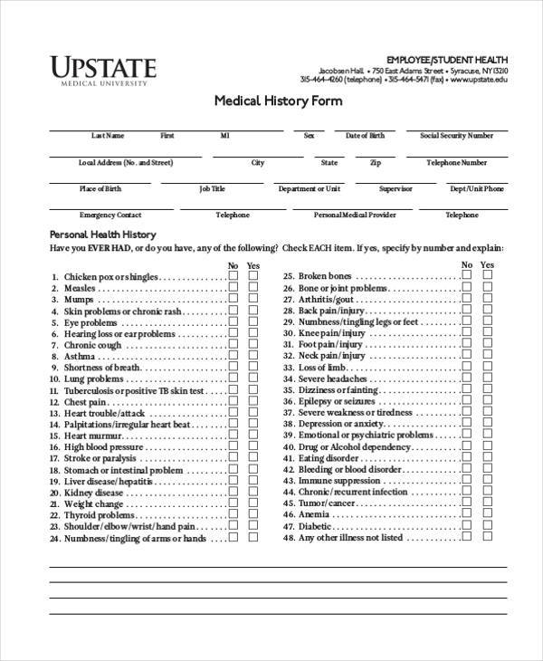 Printable Free Medical History Questionnaire Template