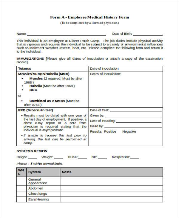 employee medical history form in doc