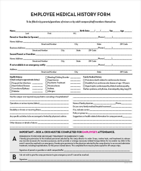 FREE 7 Sample Employee Medical History Forms In PDF