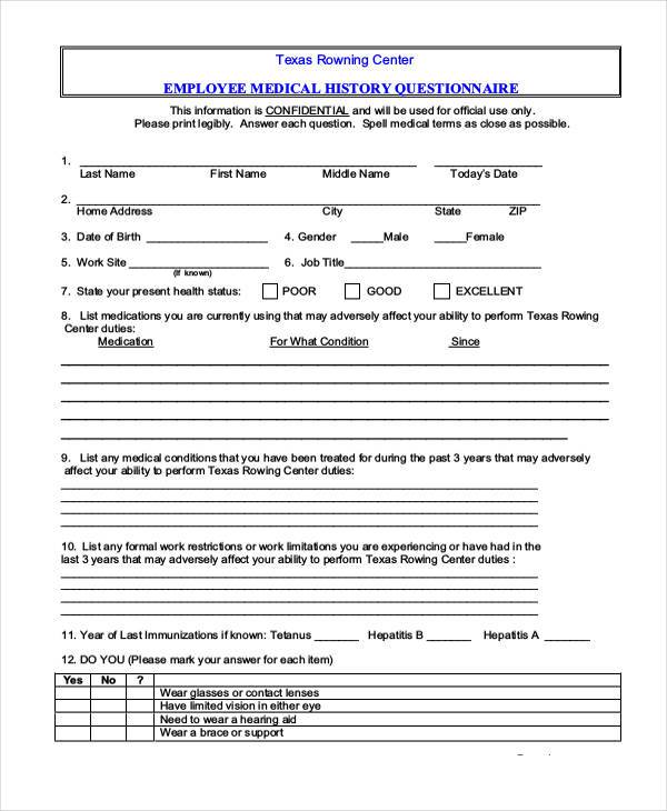 employee medical history questionnaire form