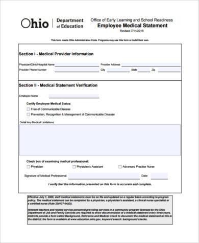 employee medical statement form