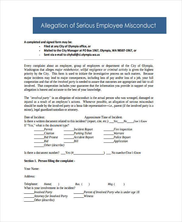 employee misconduct form sample