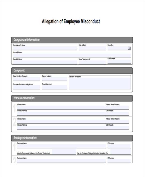 Free 8 Sample Employee Misconduct Forms In Pdf Ms Word 7357