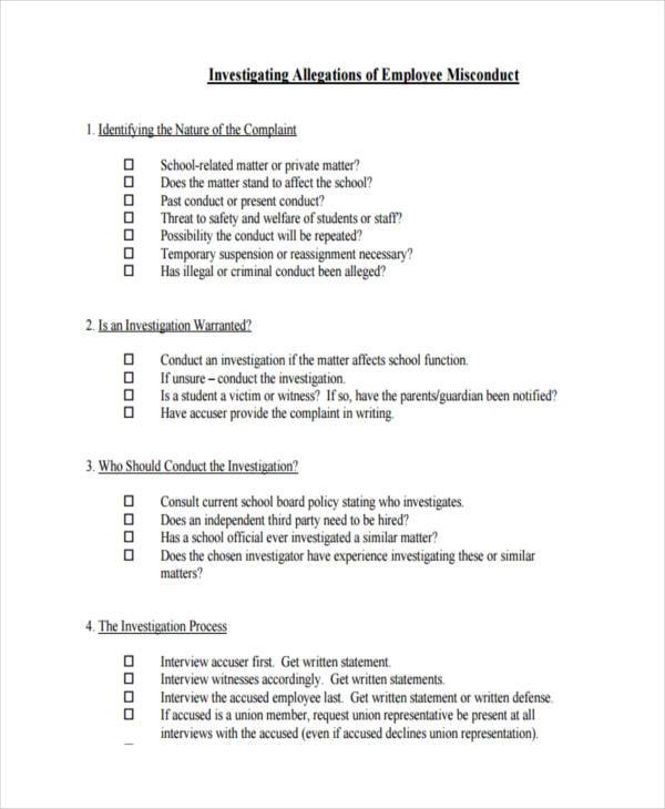 employee misconduct investigation form