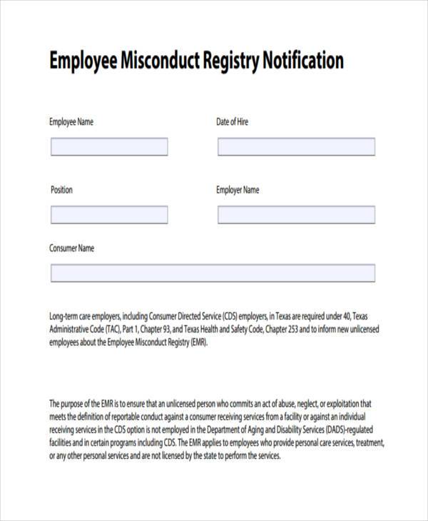 employee misconduct registry form