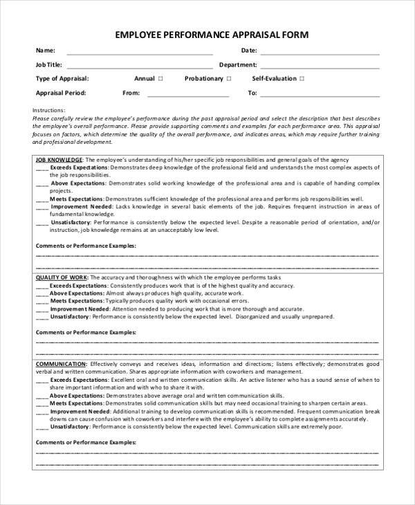 employee performance appraisal form pdf