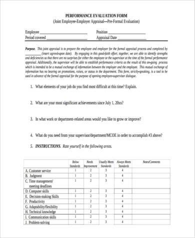 employee pre appraisal form