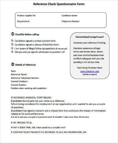form answers reference check questions and 8  Forms   Questionnaire Documents Sample Reference Free