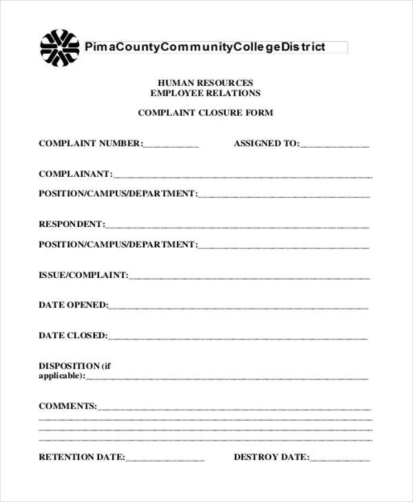 employee relations complaint form sample