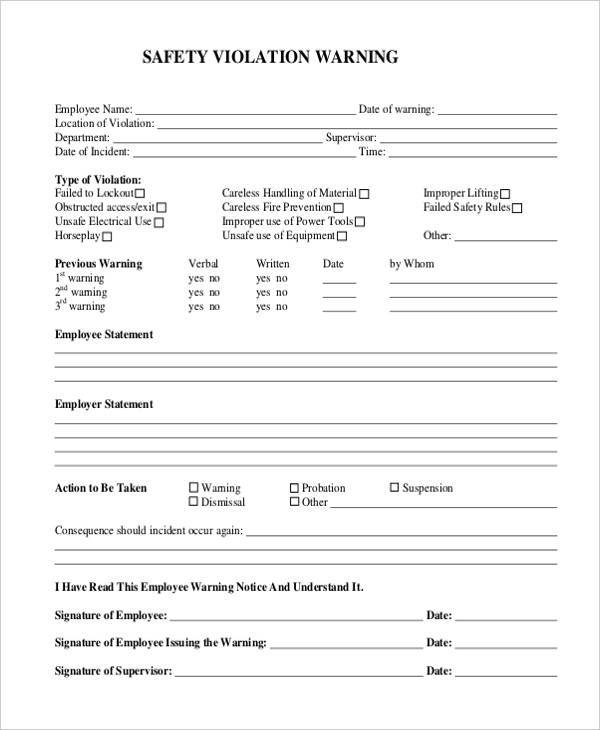 employee safety warning form