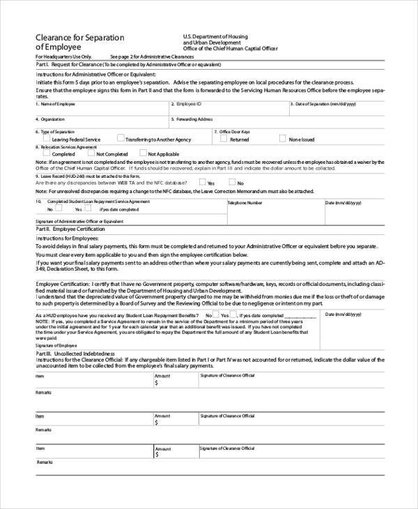 employee separation clearance form