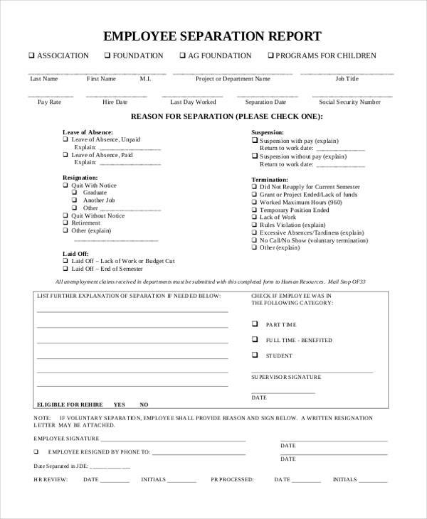employee separation report form