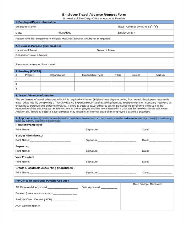 employee travel advance request form