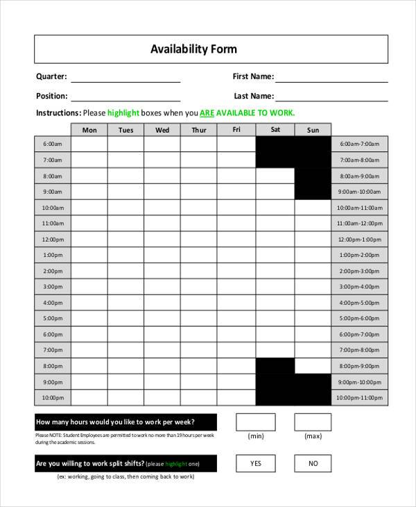 free 9 sample employee availability forms in pdf ms word