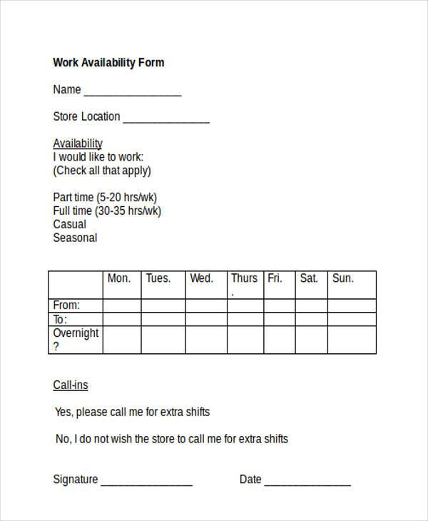 employee work availability form