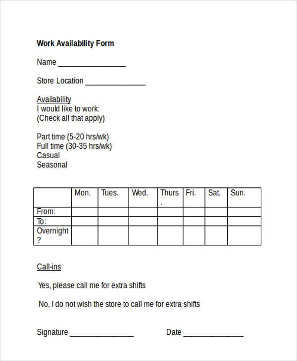 Printable Employee Availability Form