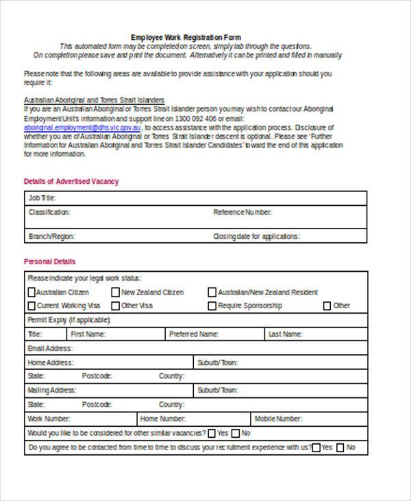 employee work registration form