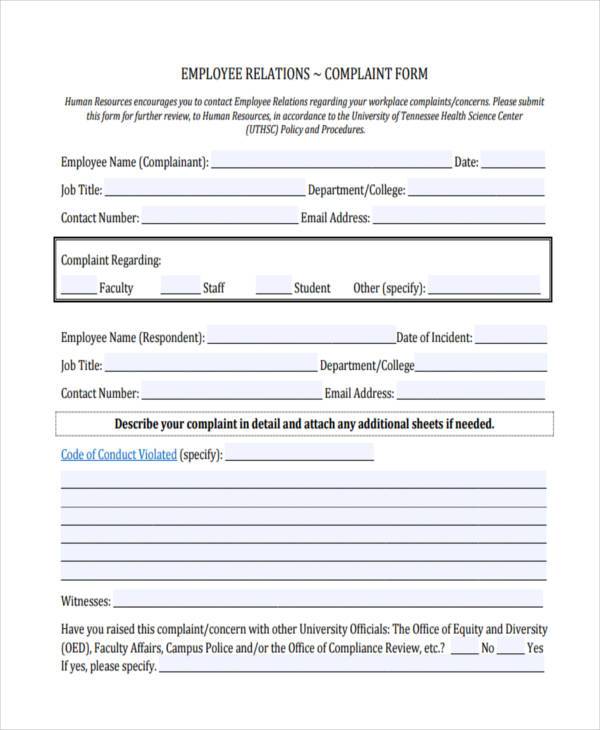 FREE 10+ Workplace Complaint Forms in PDF | MS Word