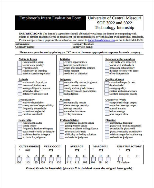 employer intern evaluation form