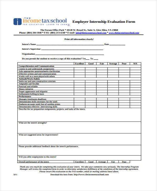 employer internship evaluation form