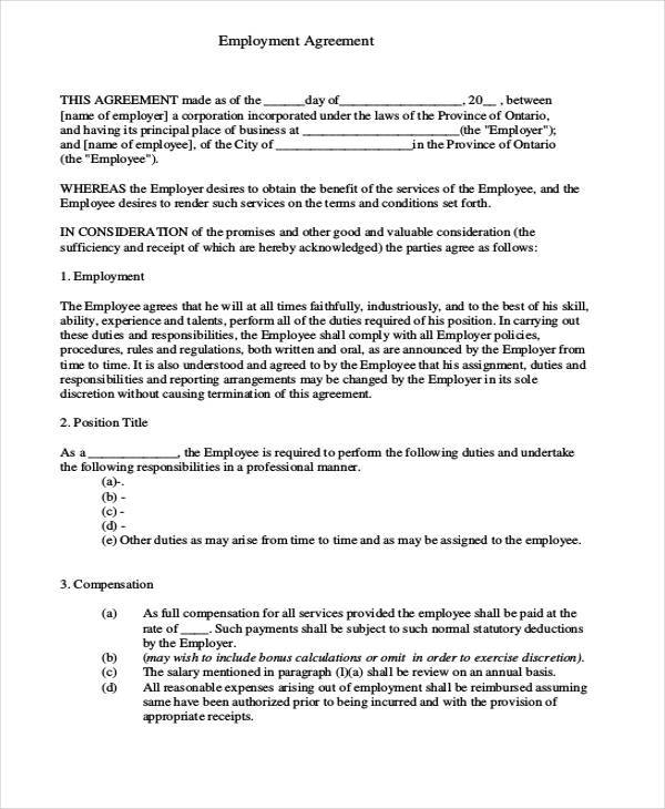 employment agreement form example