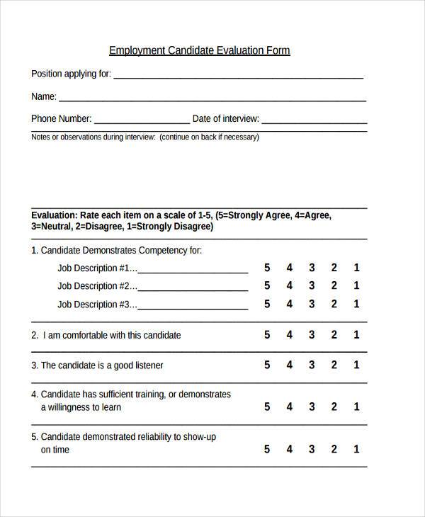 FREE 8  Sample Candidate Evaluation Forms in PDF MS Word