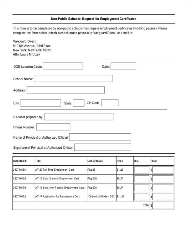 employment certificate request form