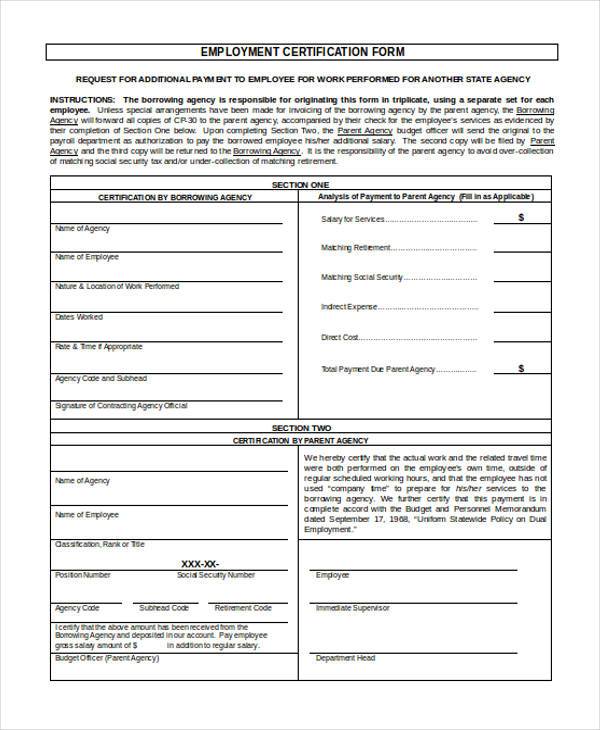 employment certification form in doc