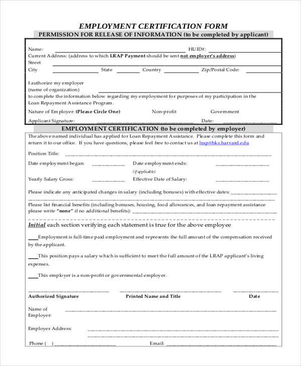 employment certification form in pdf