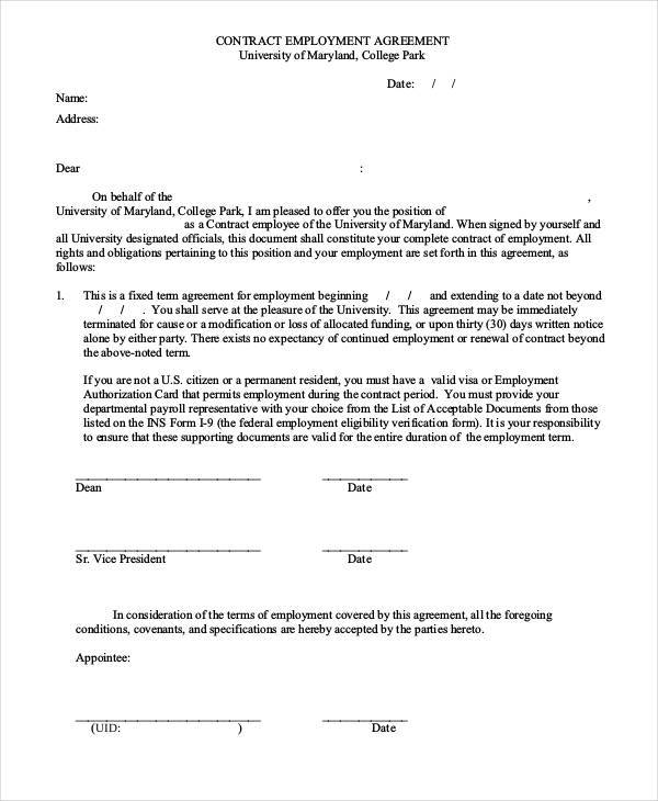 employment contract agreement form example